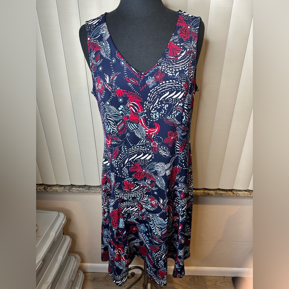 Notations Sleeveless V-Neck Dress Red Blue Paisley Pattern Size Medium